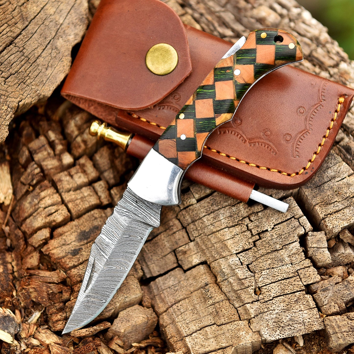 Handcrafted Damascus Steel Folding Knife | Premium Wooden Checkered Handle, Multi-Color Design