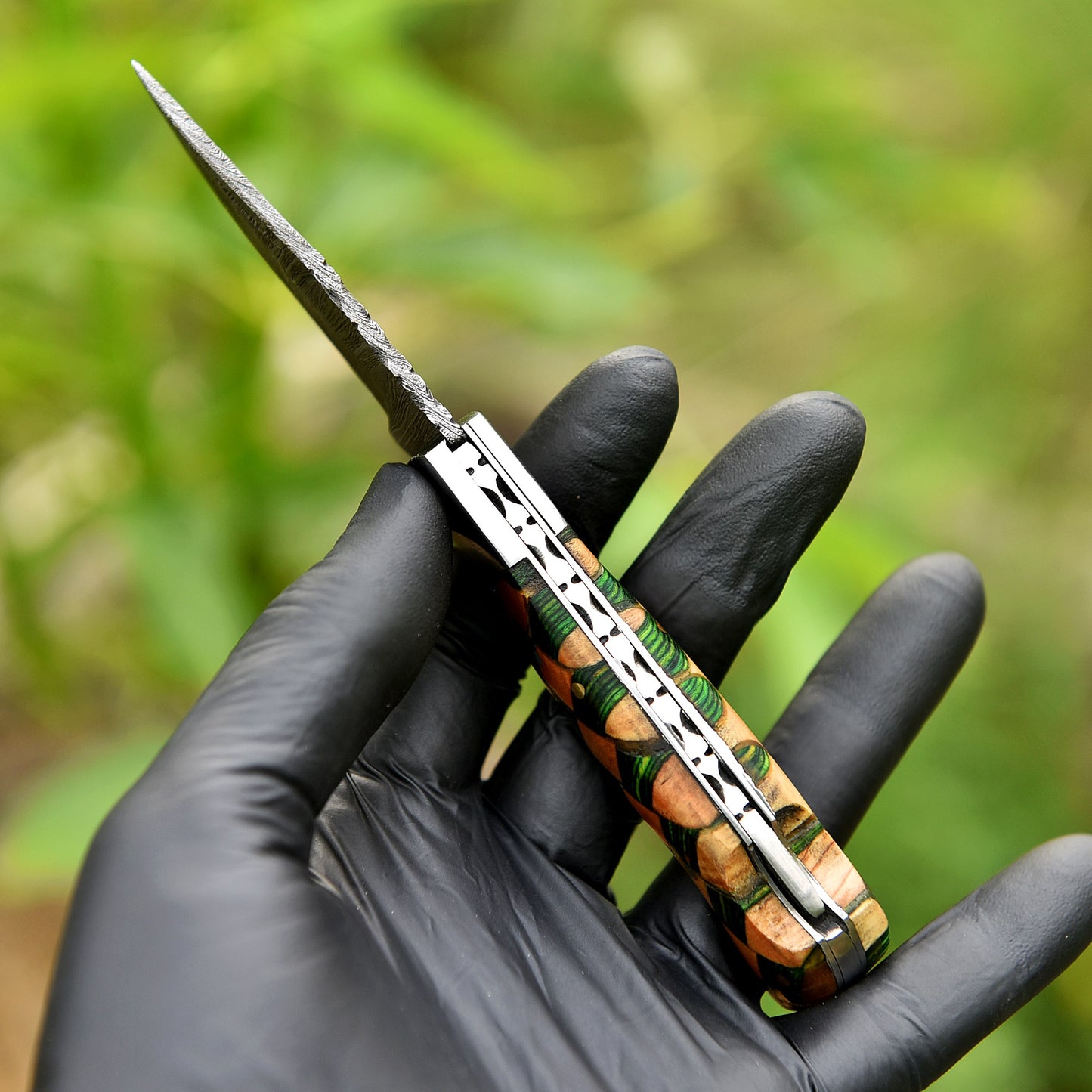 Handcrafted Damascus Steel Folding Knife | Premium Wooden Checkered Handle, Multi-Color Design