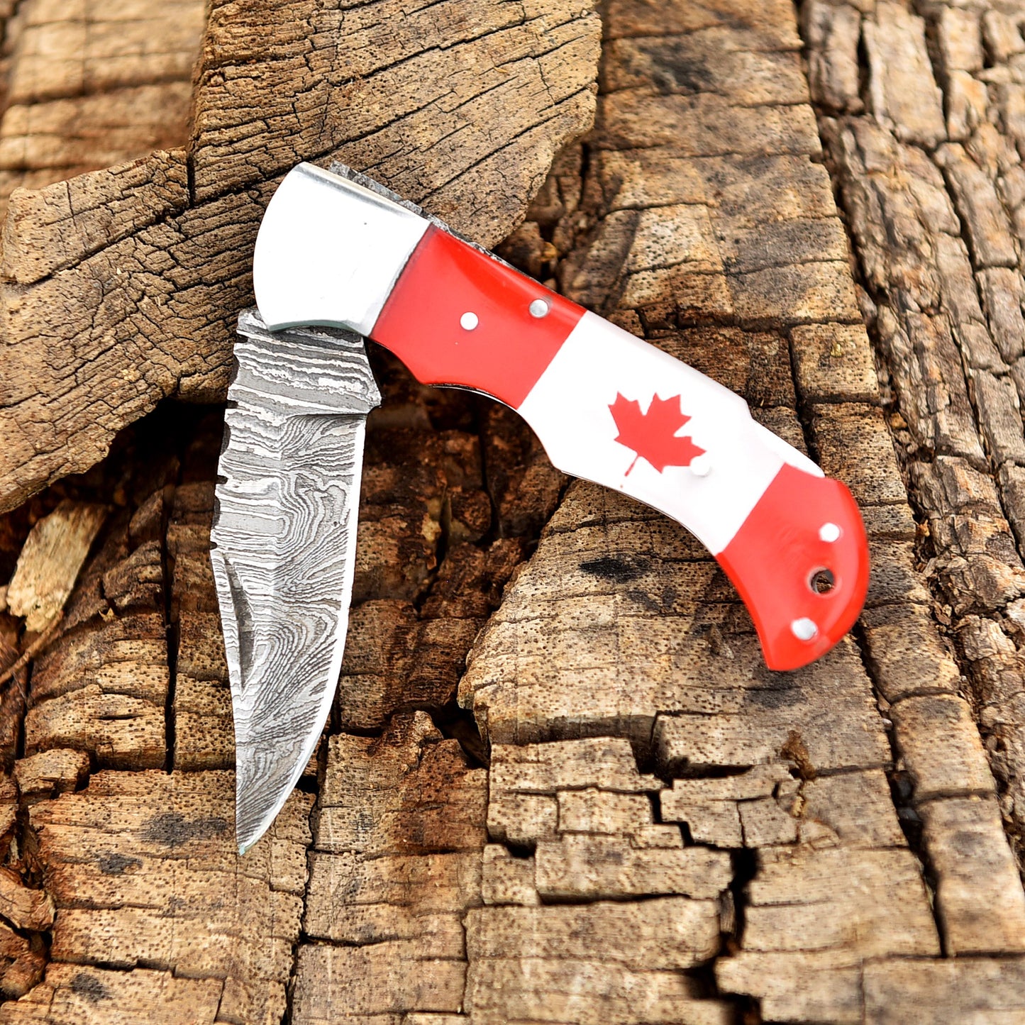 Canada Flag Damascus Steel Folding Knife |Handcrafted with Premium Design, Unique Canadian Pride Handle