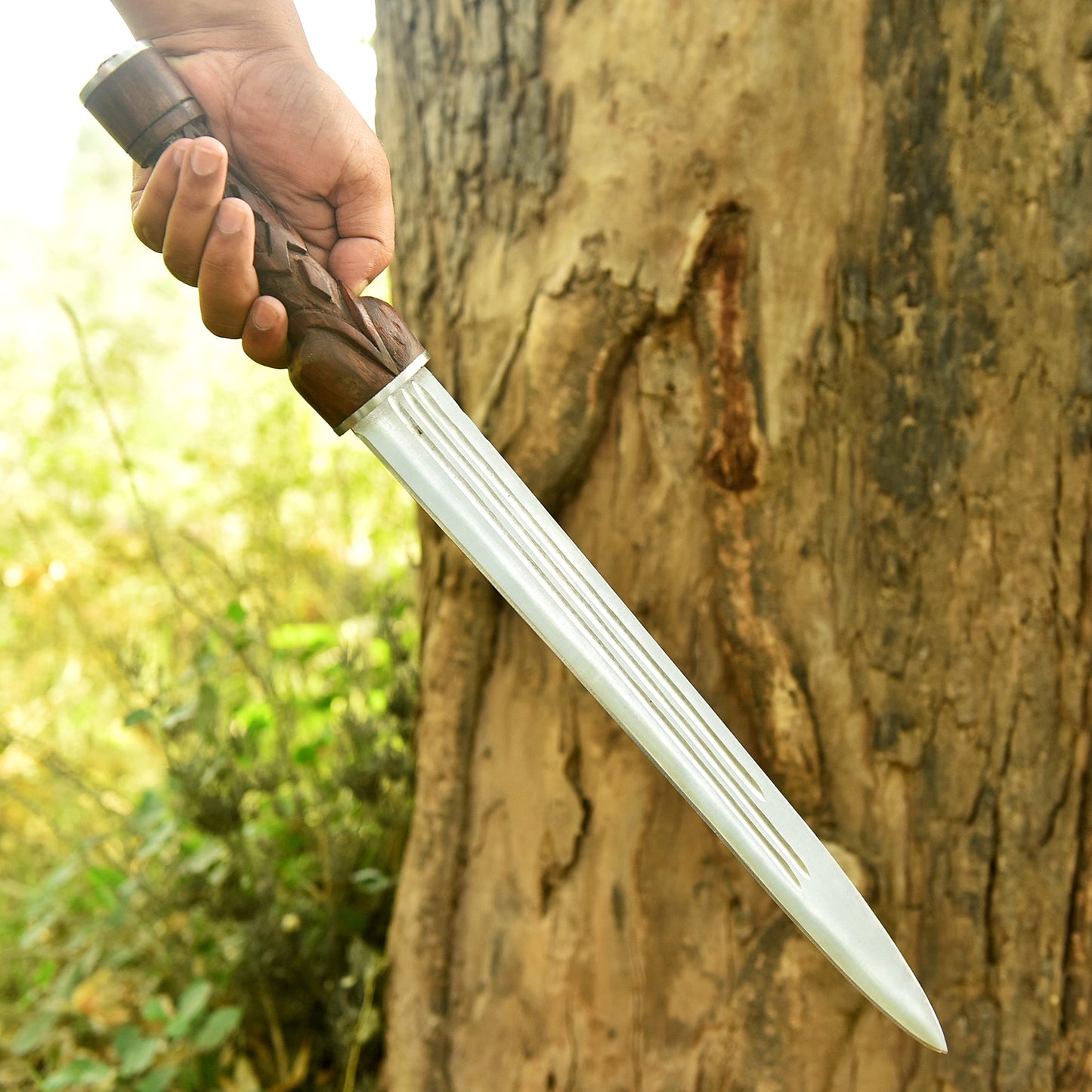 Gift for Him Personalized Ironwood Ranger Seax with carved rosewood handle and brown leather sheath