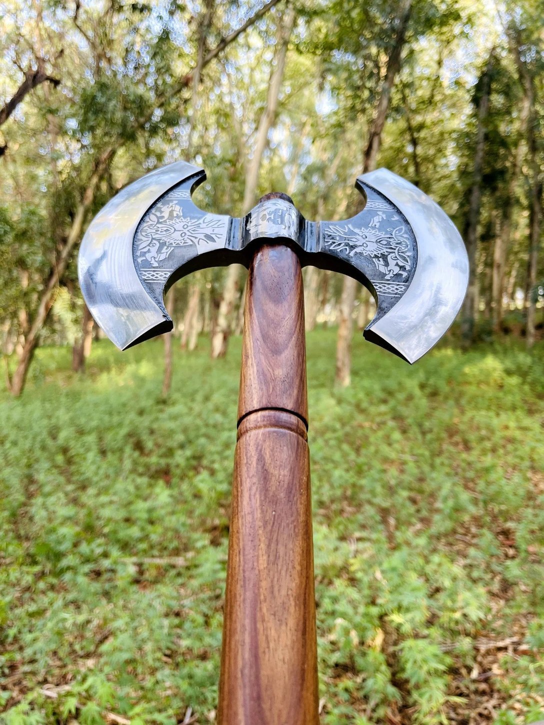 Nordic Yuletide Warrior Axe, a memorable holiday gift with custom engravings, crafted in high carbon steel, with an optional wooden box.