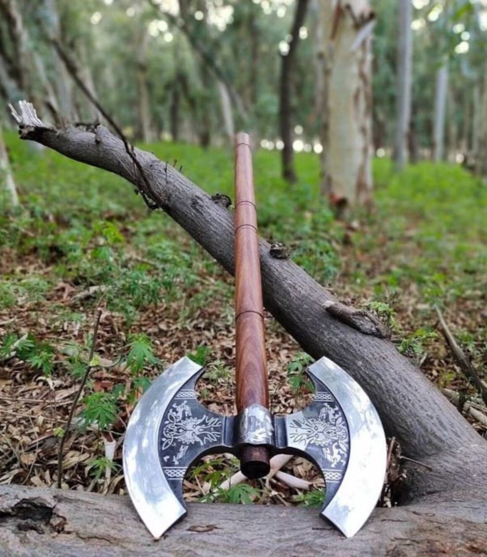Nordic Yuletide Warrior Axe designed for Christmas, with custom engraving options and an ash wood handle, with a wooden box option for a complete gift.