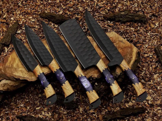 Damascus Steel Chef Collectible Tool Set with Purple Resin Handles