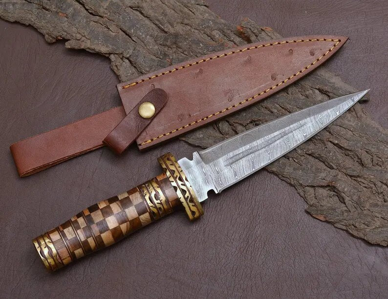 Damascus Steel Dagger Knife with Colored Rosewood