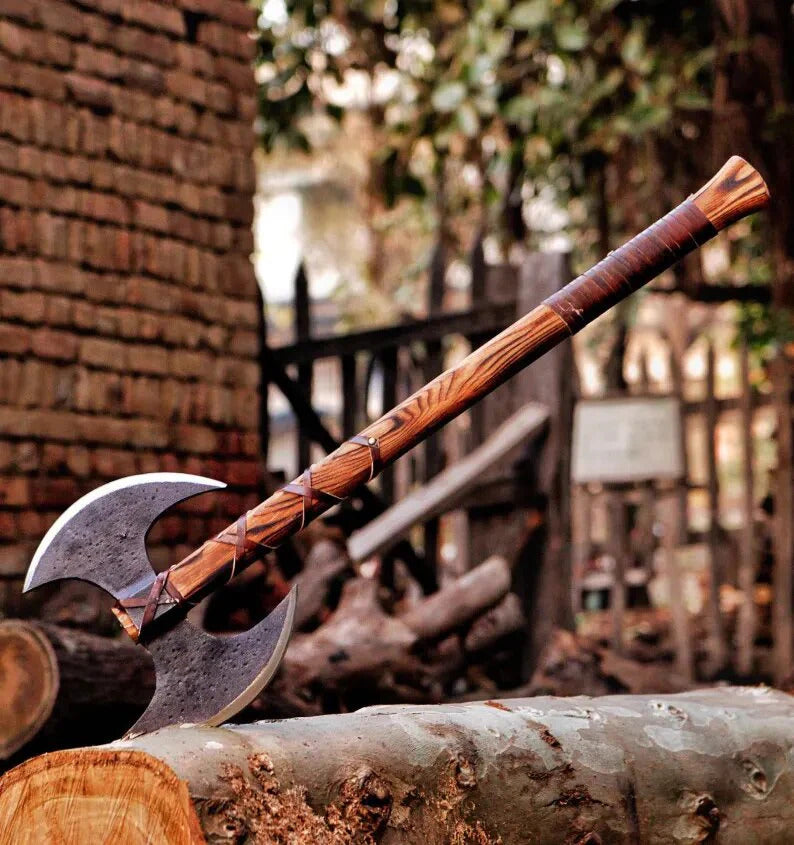 Double Headed Berserker Axe on a log with a rustic background