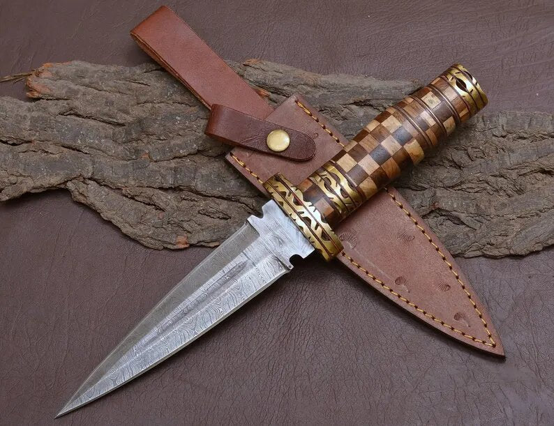 Damascus Steel Dagger Knife with Colored Rosewood