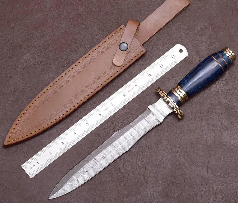 Personalized Damascus Steel Hunting Knife -Blue Resin Handle | Unique Proposal or Anniversary Gift