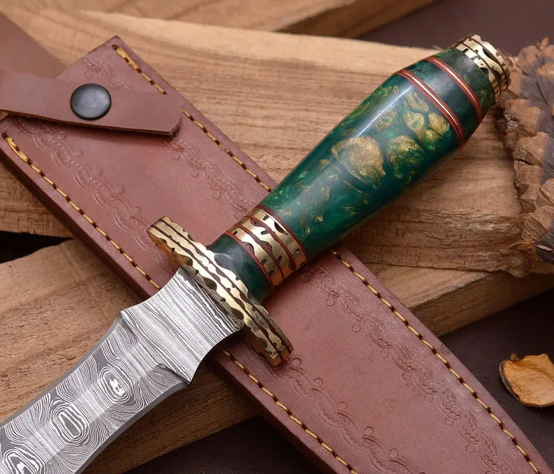 Unique Handmade Damascus Steel Athame Knife |Green Resin Handle |Great Gift for Weddings & Anniversaries