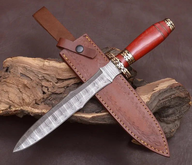 Handcrafted Damascus Steel Athame Dagger with Red Resin Handle | Perfect Wedding or Groomsmen Gift