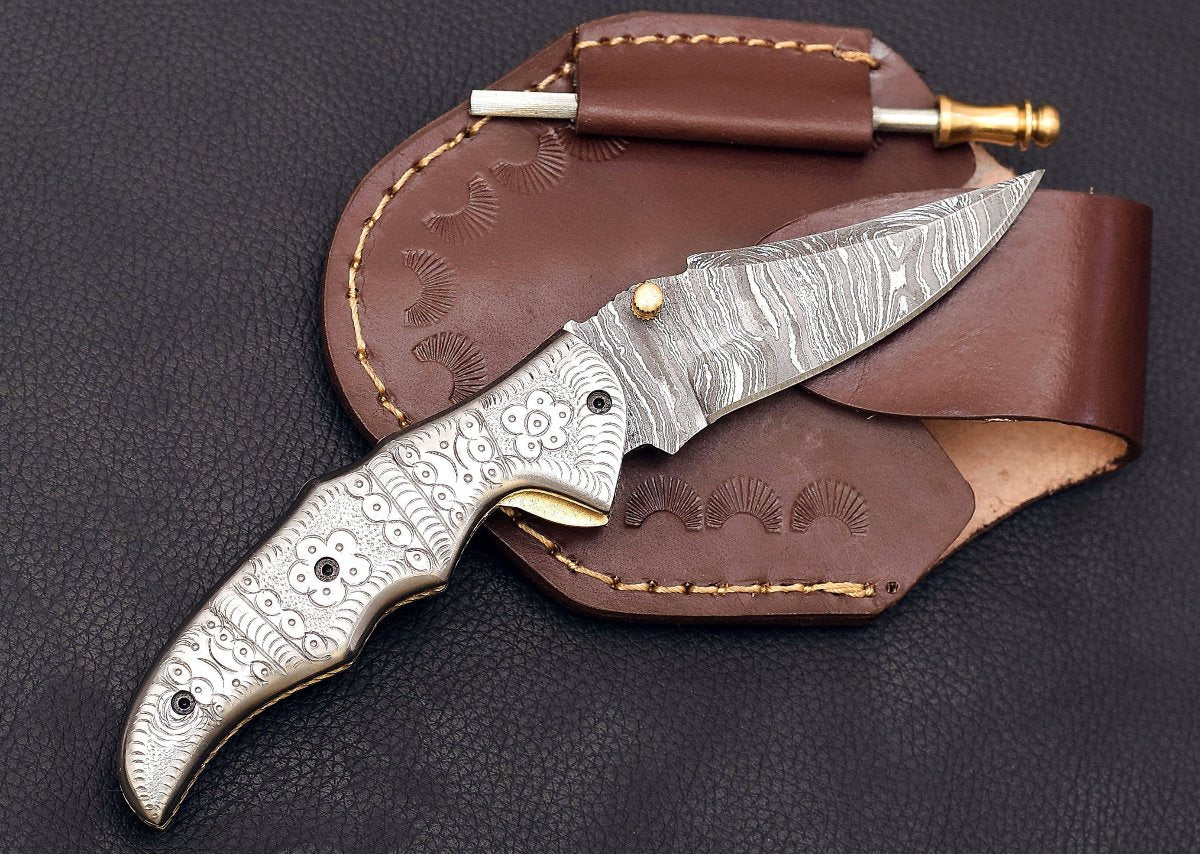 buy engraved silver pocket knife with leather sheath and sharpner