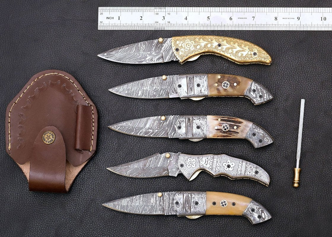 buy 7.5 inch set of 5 folding pocket knives with leather sheath and sharpener