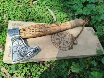 Custom engraved Christmas Raider Axe with high carbon steel blade and ash wood handle, with an optional wooden box for a unique Christmas gift.