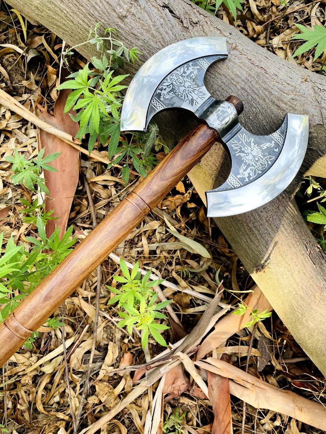 Custom Nordic Warrior Axe with engraving options, crafted for a unique Christmas gift, with an ash wood handle and optional wooden box.

