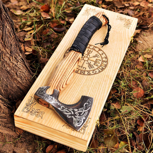 Thoughtfully crafted Xmas Fury Axe for Dad, featuring a high carbon steel blade and ash wood handle, with optional wooden box for a complete holiday gift.

