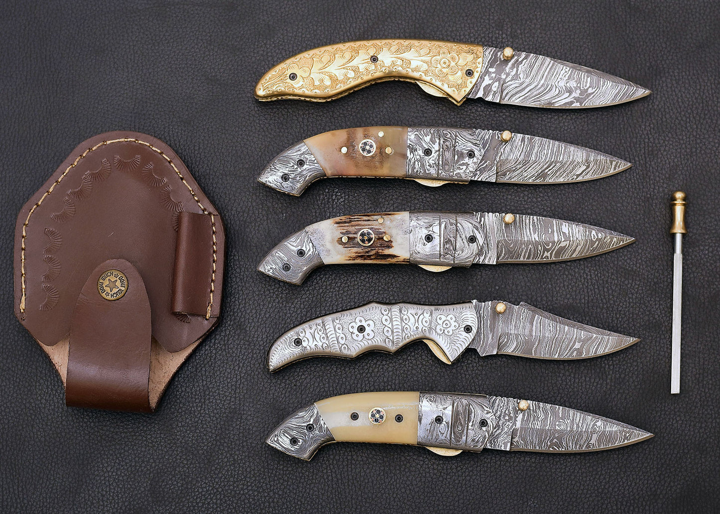 Collection of Hand Forged Damascus Steel 5 Folding Knives, Fathers Day Gift