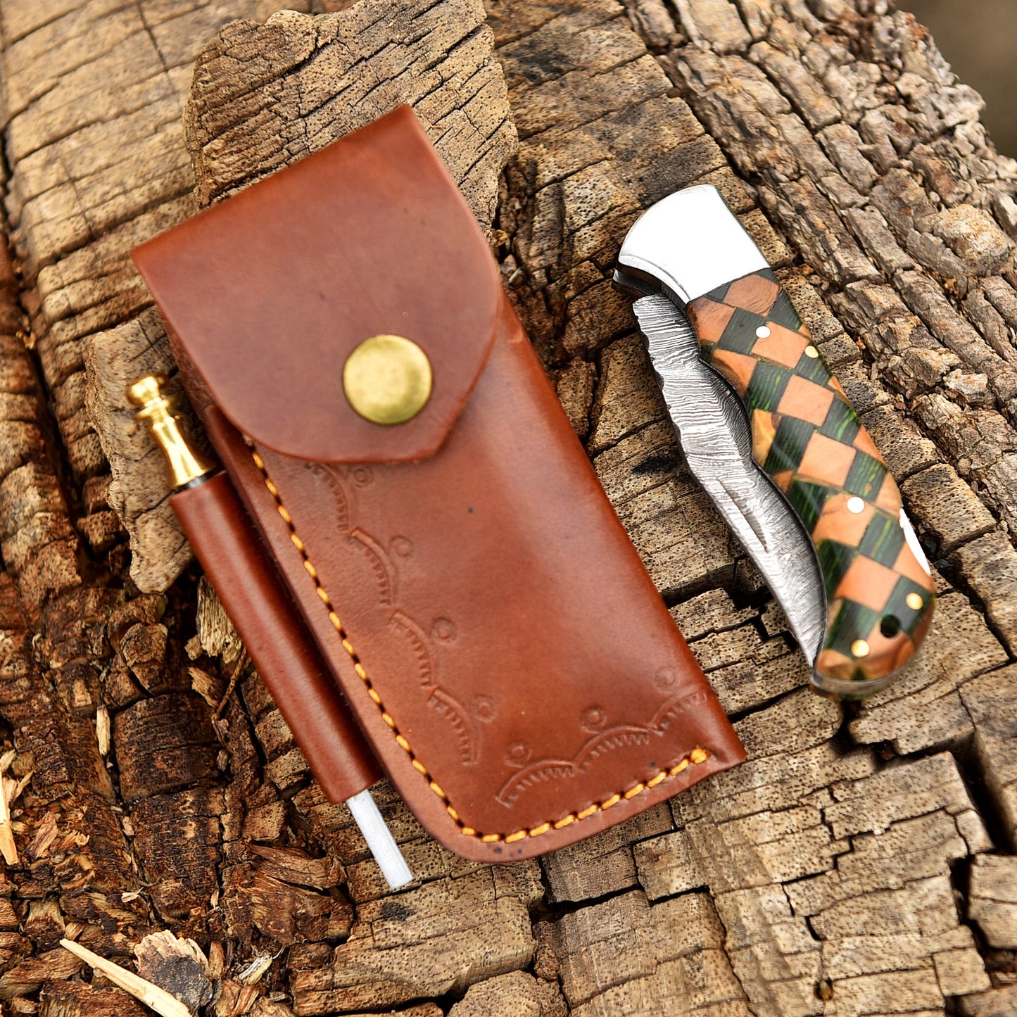 Handcrafted Damascus Steel Folding Knife | Premium Wooden Checkered Handle, Multi-Color Design