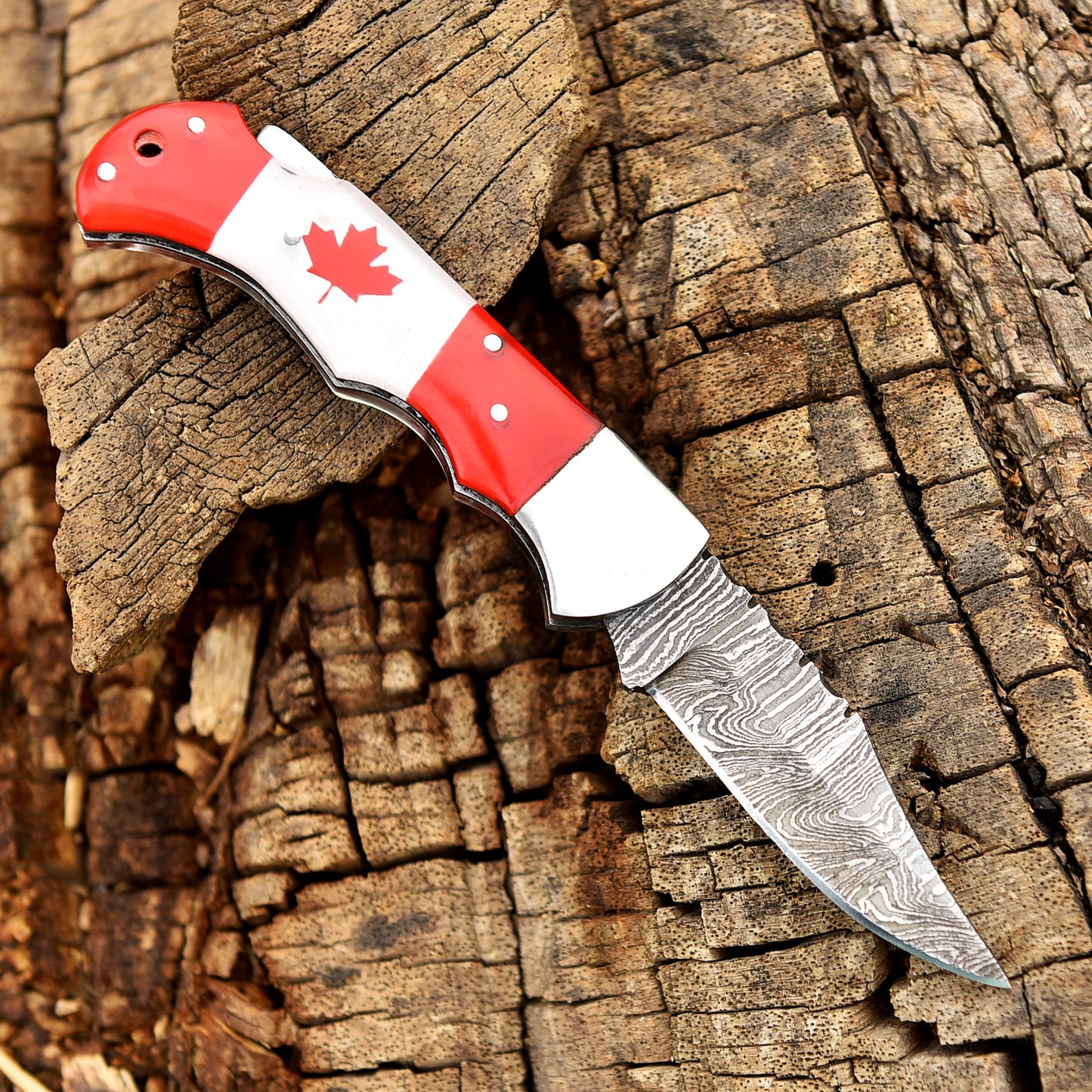 Canada Flag Damascus Steel Folding Knife |Handcrafted with Premium Design, Unique Canadian Pride Handle