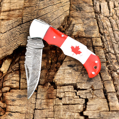 Canada Flag Damascus Steel Folding Knife |Handcrafted with Premium Design, Unique Canadian Pride Handle