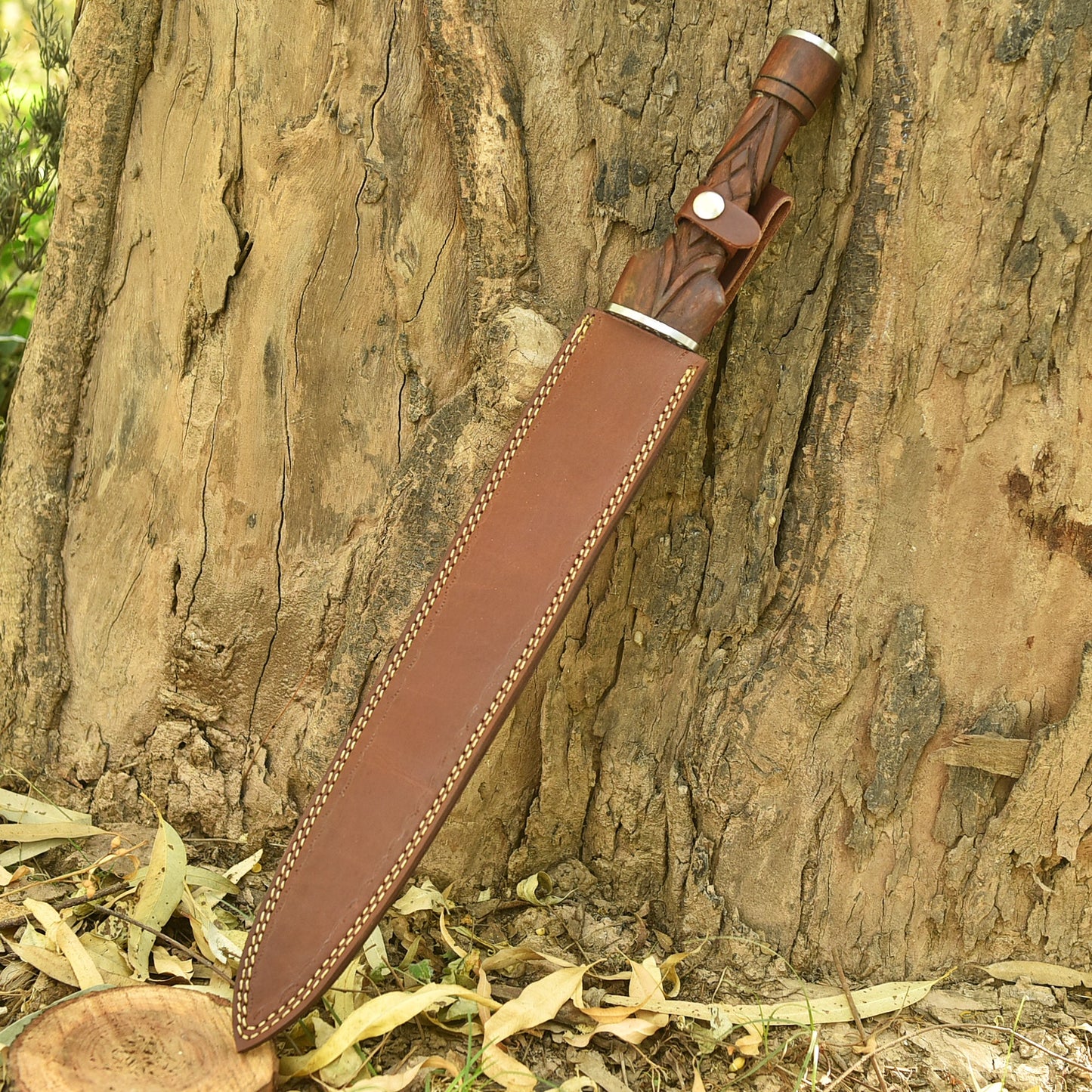 Gift for Him Personalized Ironwood Ranger Seax with carved rosewood handle and brown leather sheath