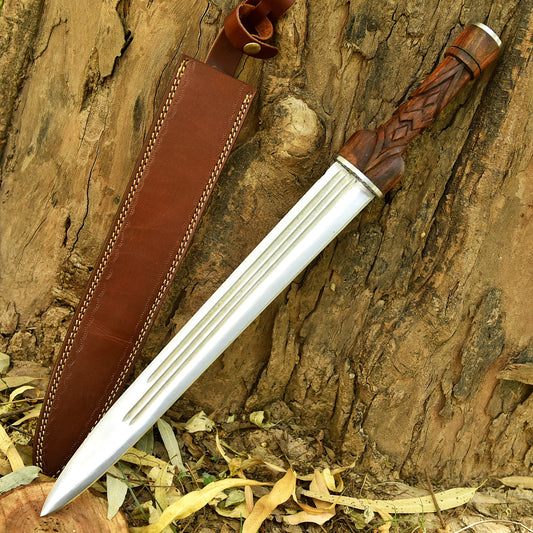Gift for Him Personalized Ironwood Ranger Seax with carved rosewood handle and brown leather sheath