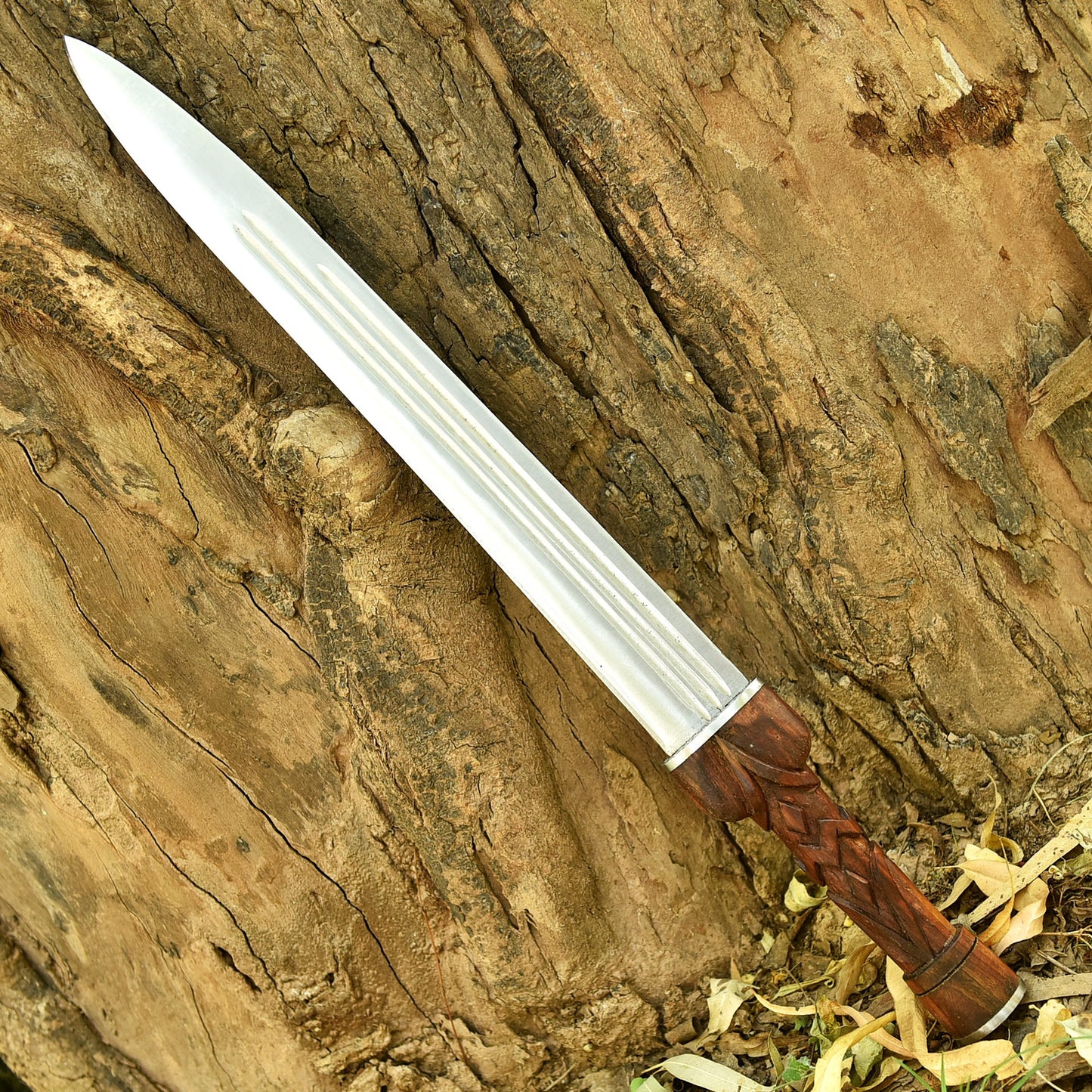 Gift for Him Personalized Ironwood Ranger Seax with carved rosewood handle and brown leather sheath