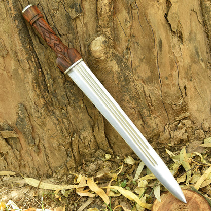 Gift for Him Personalized Ironwood Ranger Seax with carved rosewood handle and brown leather sheath