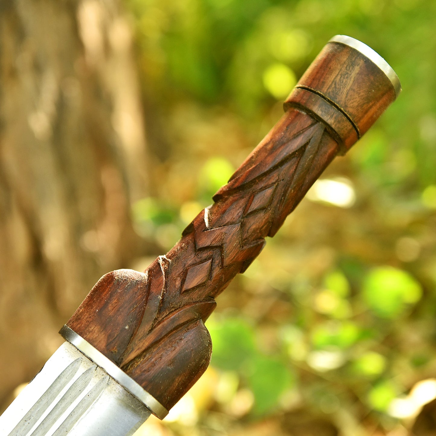 Gift for Him Personalized Ironwood Ranger Seax with carved rosewood handle and brown leather sheath