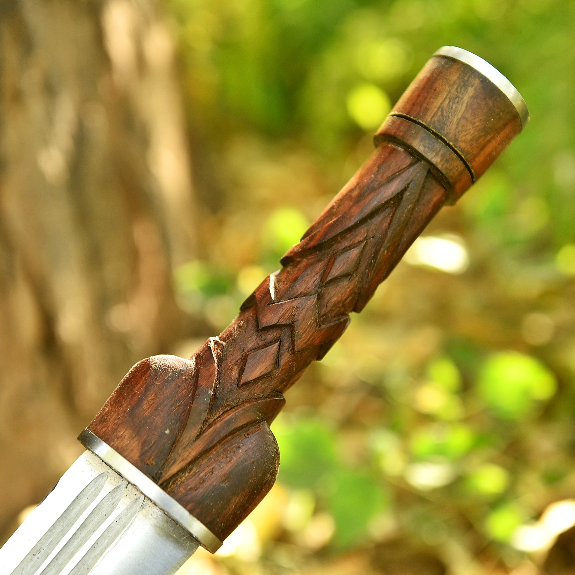 Gift for Him Personalized Ironwood Ranger Seax with carved rosewood handle and brown leather sheath