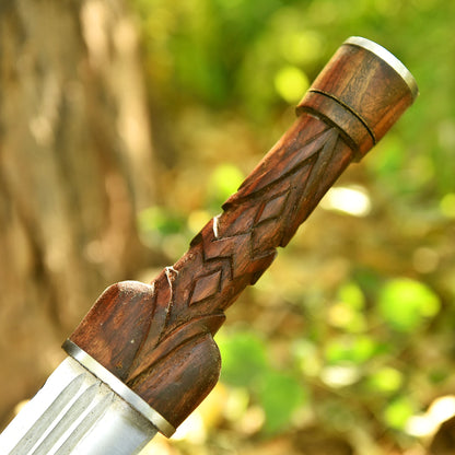 Gift for Him Personalized Ironwood Ranger Seax with carved rosewood handle and brown leather sheath