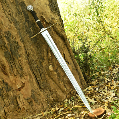 A medieval-style sword with a silver , black grip, and silver pommel is leaning against a large tree trunk in an outdoor forest setting with dry leaves on the ground.