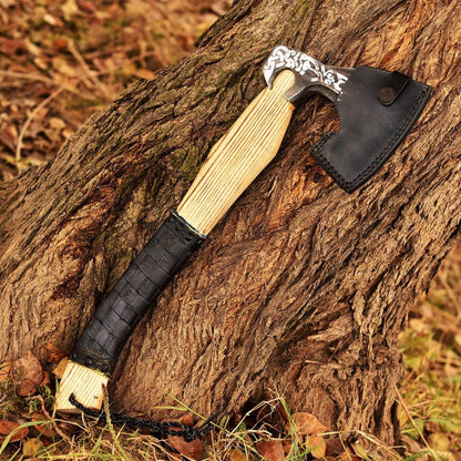 Personalized Xmas Fury Axe for Dad, with custom engravings, durable high carbon steel, and an ash wood handle, available with an optional wooden box.

