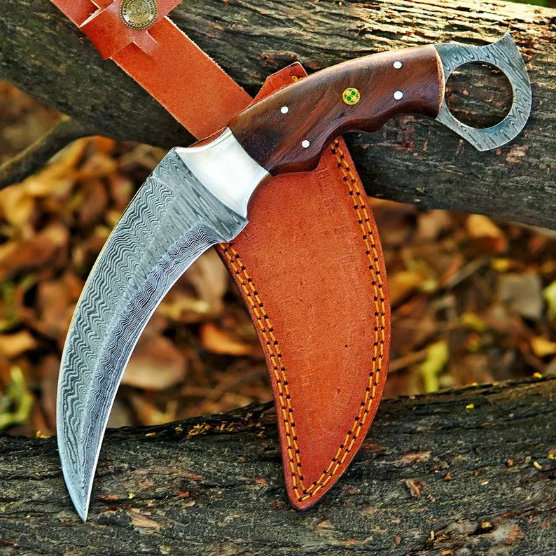 Handmade Damascus Steel Karambit Knife with Rosewood Handle |Personalized Groomsman, Birthday, and Father’s Day Gift for Men