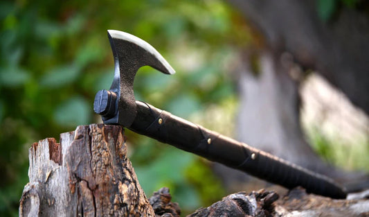 Black Ragnar Lothbrok Viking axe head  towards sky