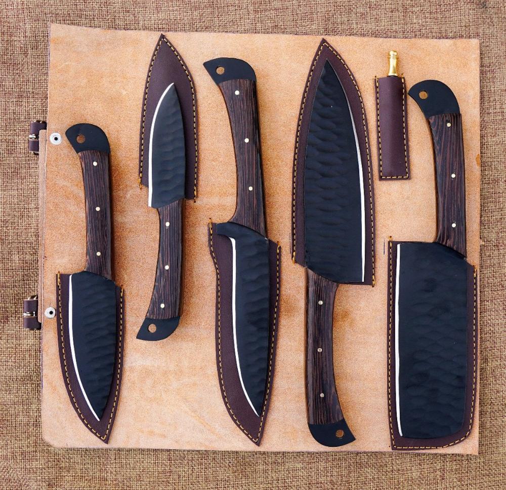 buy 5 Piece Forged Blacksmith Chef Knife Set. beautifully crafted with leather sheath