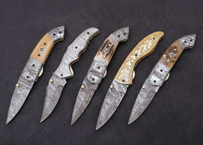 shop set of 5 folding pocket knives, beautifully engraved and hand made