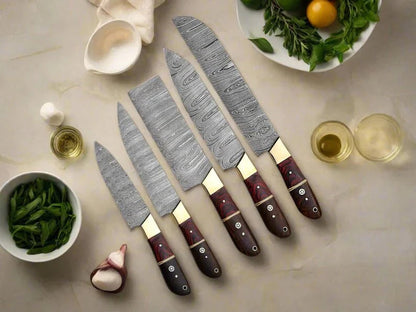 Set of knives with Damascus steel blades and wooden handles on a table with food items.