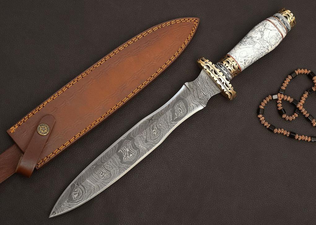 buy custom Yuletide hunt dagger with engraving and leather sheath