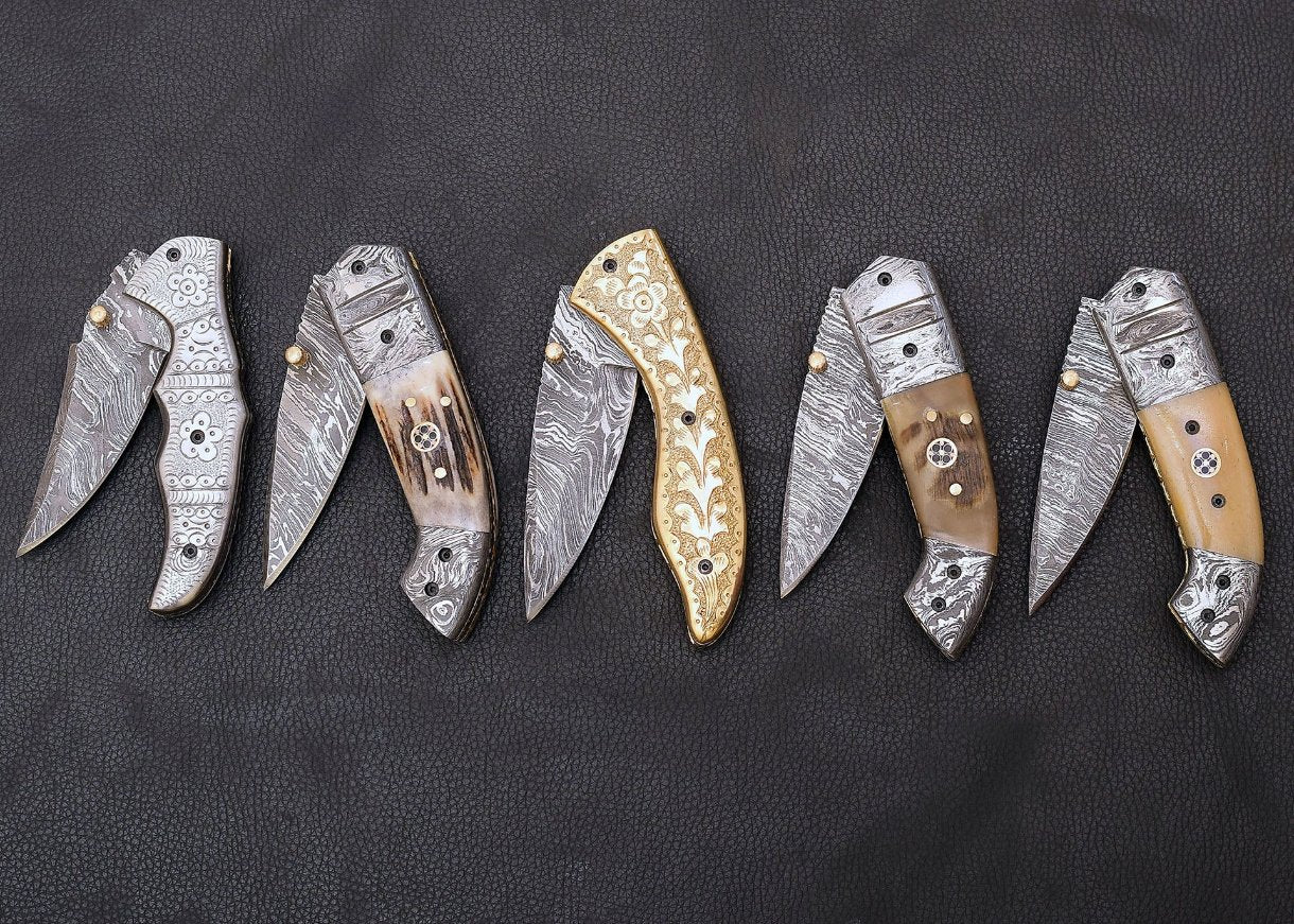 buy hand engraved set of 5 folding pocket knives, adding value to the set