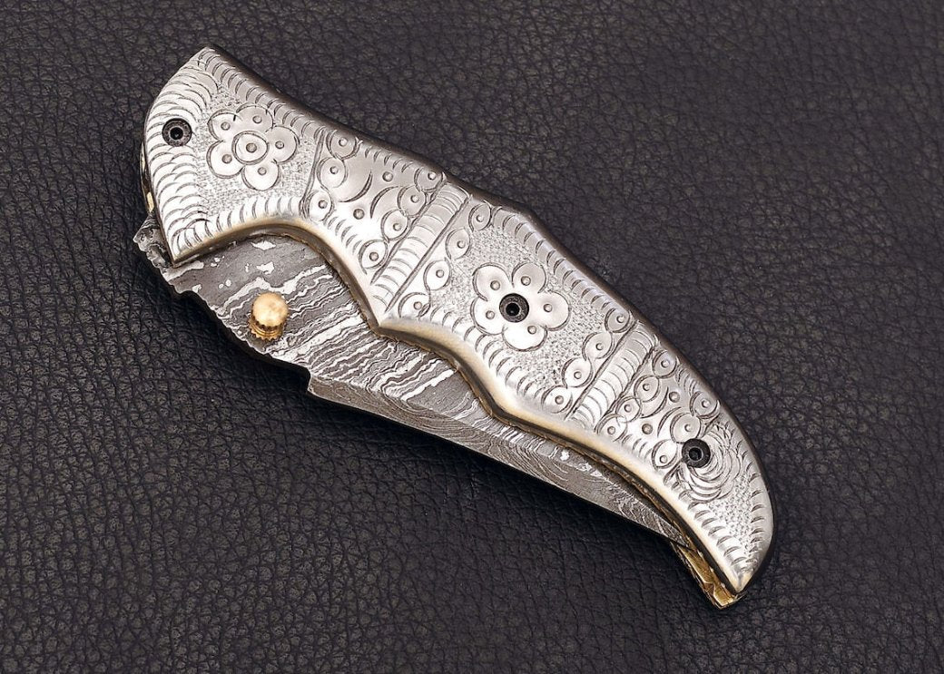 shop engraved silver folding knife with hand crafted blade