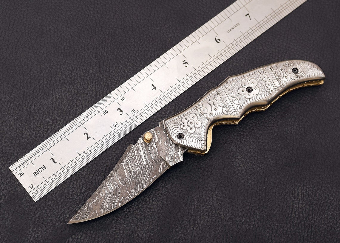 7.5" engraved silver pocket knife for sale