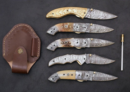 gift set of 5 folding pocket knives to your loved ones with leather sheath and sharpener