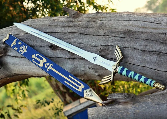 Decorative sword with blue hilt on wooden log.