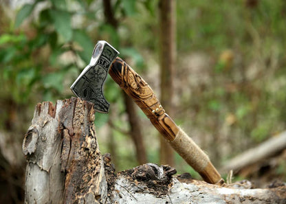 Wooden-handled axe embedded in a log with a blurred natural background