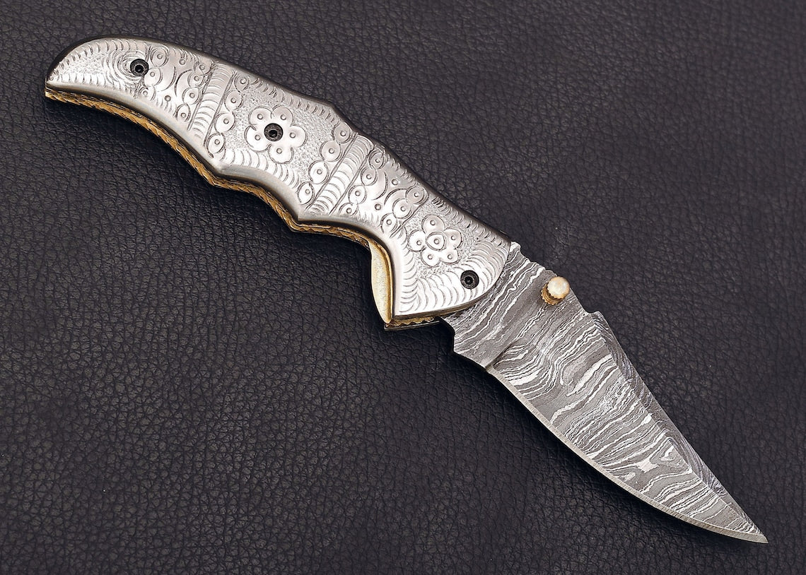 Handmade Fully Damascus Steel Engraved Folding Knife, Gift For Men