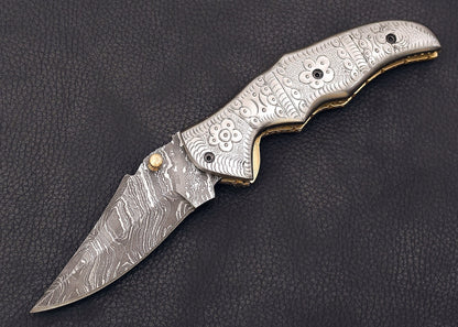 Handmade Fully Damascus Steel Engraved Folding Knife, Gift For Men