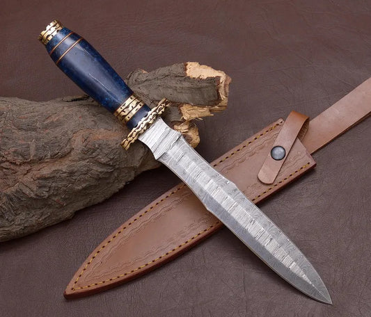 Personalized Damascus Steel Hunting Knife -Blue Resin Handle | Unique Proposal or Anniversary Gift