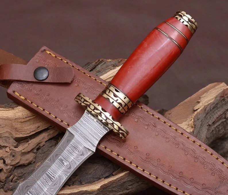 Handcrafted Damascus Steel Athame Dagger with Red Resin Handle | Perfect Wedding or Groomsmen Gift