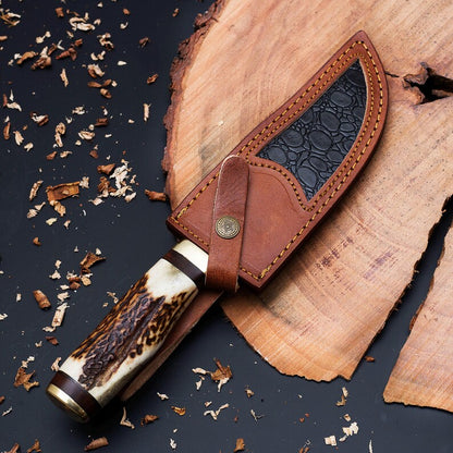 Custom Handmade Knife with Deer Antler Handle |Personalized Engraving & Leather Sheath Included
