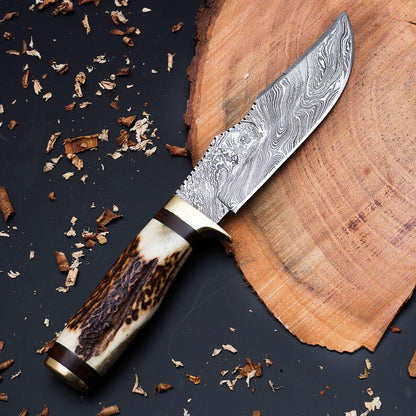 Custom Handmade Knife with Deer Antler Handle |Personalized Engraving & Leather Sheath Included