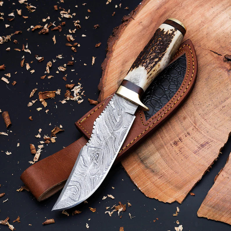 Custom Handmade Knife with Deer Antler Handle |Personalized Engraving & Leather Sheath Included